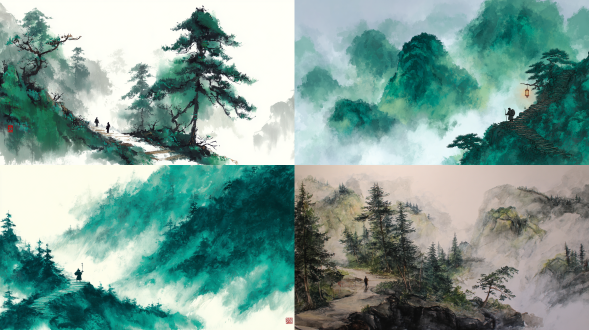 以中国传统山水画风格呈现，用富有表现力的笔触描绘山中流动的风，一条山路蜿蜒而上，一个提灯的小旅人正在攀行，雾气在松林间缠绕，墨调与翠绿色交融，超现实的孤独与坚韧之意，构图简约却富动感。