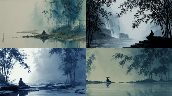 以中国传统山水画风格呈现，水墨纹理柔和，月光映照在流动的河面上，一个僧人独坐瀑布旁，竹林环绕，银蓝色调，静谧留白，极简之美，诗意的沉默，象征动与静的和谐，俯瞰构图