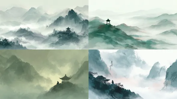 以中国传统山水画风格呈现，空灵的构图，写意水墨，云雾缭绕的山峰渐隐于留白之中，云端孤亭之上有一个学者眺望远方，柔光穿过薄雾散开，线条简约，以灰绿淡色为主，象征超越现实的真理追寻，氛围梦幻而静谧，鸟瞰视角，高清细节。