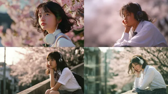 2000年代日本女高中生戴耳机沉思，白衬衫配校服裙，户外站立或静坐，樱花背景，柔焦效果，自然光，浅景深，青春感，忧郁眼神，微风轻拂发丝，胶片质感，粉色调，怀旧氛围，侧脸特写，午后阳光，安静场景，情感细腻。