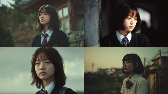 身着 2000 年代早期风格校服的韩国女高中生，留着齐耳短发，伫立凝视着远方景致，神情悲伤而沉思。整体氛围清冷忧郁，柔和自然光线下，电影感构图，满含内省与孤寂的情绪基调。