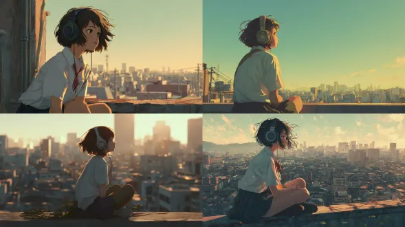 短发日本女高中生，身着白衬衫静坐于屋顶，眺望阳光笼罩下宁静的城市天际线。她戴着硕大的耳机，沉浸在思绪中，温暖的午后阳光轻柔地洒在发丝与肩头。微风拂动她的发梢与衣角，整幅画面静谧而内省，交织着孤独与暖意。超写实质感，真实人体形态，自然光线，电影感构图，浅景深效果，黄金时刻光线，氛围写实主义，8k hdr 画质，胶片摄影质感，微风动态效果，情感化色调。