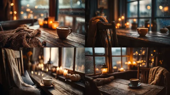 a cozy corner café bathed in golden afternoon light, pumpkin-spice latte on a rustic oak table, wool blanket draped over a chair, foggy window with soft raindrops, cinnamon candles glowing in the background, warm bokeh tones, cinematic lifestyle photography, 50mm lens, f/2.8.