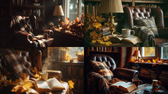 a quiet reading nook surrounded by amber leaves and oak shelves, leather armchair with plaid throw, open book under golden lamp light, mug of earl grey steaming beside it, dust particles visible in sunlight, dreamy nostalgic mood, soft cinematic film grain.