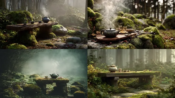 wooden tea table deep in the misty forest, moss-covered stones, delicate porcelain teapot with steam curling upward, fallen leaves scattered around, early morning light filtering through fog, tranquil atmosphere, poetic realism.