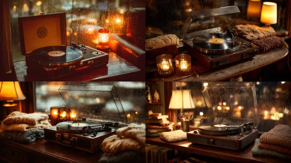vintage record player on a mid-century wooden table, surrounded by knit sweaters, flickering fireplace reflection, vinyl spinning slowly, window rain streaks glowing in lamplight, intimate cinematic color palette of amber, cream, and chestnut.