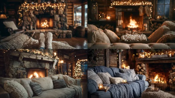 plush sofa near crackling fireplace, marshmallows toasting on copper skewers, wool socks, fairy lights above mantel, rustic cabin textures with soft cinematic focus and gentle lens flare.