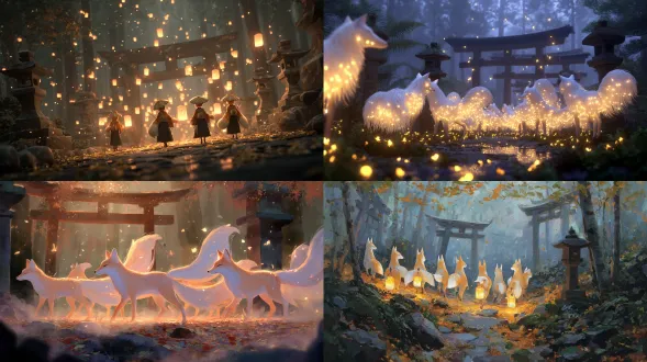 a parade of ethereal fox spirits carrying glowing paper lanterns through a misty forest, their tails shimmer like silk ribbons, fallen leaves swirling in golden light, ancient stone torii gates in the background, cinematic mythological realism, inspired by studio ghibli and makoto shinkai.