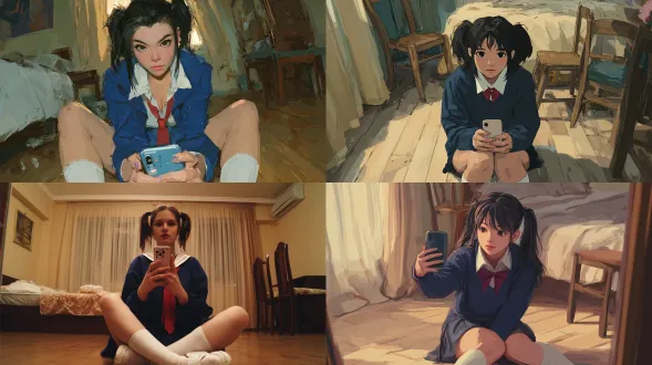 person description: young woman with black hair, tied in twin ponytails.action: sitting on the floor, holding a smartphone to take a selfie.expression: no distinct expression shown.clothing details: a deep blue loose top, white collar, red tie, and white knee-high socks.ambiance: daily home setting.background content: an indoor room with beige curtains, a bed, and wooden chairs.camera angle: close-up.art style: realistic.rendering technique: realistic rendering.material texture: clothing is soft, and the wooden floor has a textured appearance.color requirement: overall in a soft color palette, with combinations of deep blue, white, and red.
