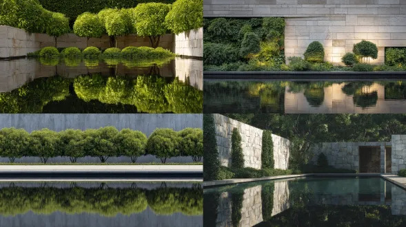 一个有着绿色树篱围墙和极简主义建筑倒影水景的花园，是获奖的超写实细节摄影作品。场景从一侧墙后拍摄，营造出强调浅灰色石头与深 foliage 对比的对称构图。柔和阳光照亮宁静水面，反射周围元素。此照片用佳能eos r5相机搭配微距镜头拍摄，以保证精准细节和清晰对焦。