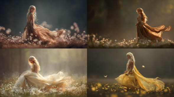 美丽仙女在森林空地，长裙飘逸，金色长发，温柔微笑，发光花朵环绕，柔和晨光，梦幻光晕，柔和色调，浅景深，逆光效果，宁静氛围，神秘感，自然元素，仙气十足，童话风格，高细节，柔焦边缘，唯美构图，飘逸动态