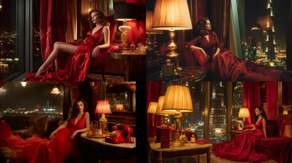 一张写实风格的高端时尚照片，呈现一位举止优雅的深棕色头发女子，有着长长的蓬松复古波浪卷发，身着飘逸的红色丝绸长裙，搭配一条长长的拖尾披风。她身处夜间的豪华酒店套房内，周围是红金色调的室内装饰——一张红色天鹅绒椅子、一盏金色台灯、一张大理石梳妆台，还有一部红色复古电话机。她身旁的桌上放着vanlav old money香水瓶（来自vanlav氛围板）：一个圆柱形玻璃瓶，配有圆形金色瓶盖和简约的奶油色标签。她身后的大窗户敞开着，显现出熠熠生辉的哈利法塔及远处的迪拜天际线。城市灯光轻柔地映照在玻璃、她的丝绸长裙和金色物件上。室内光线是温暖且带有忧郁感的金与琥珀色调，混合着外部夜景的蓝色反光。氛围给人私密、老钱格调、浪漫又强势的感觉，是奢华香水宣传场景。色彩搭配包含深红、金色、奶油色和柔和琥珀色调。采用85mm镜头拍摄，浅景深，光线写实，有自然胶片颗粒感，呈现raw摄影细节。氛围奢华、感性、优雅、 timeless（永恒）。