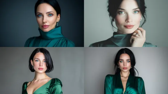 美丽现代女性，欧洲-斯拉夫外貌，绿色连衣裙，黑色顺滑长发，蓝眼睛，厚嘴唇，结婚戒指，小耳环，完美面部特征，光滑肌肤，灰色背景，hdr效果，8k分辨率，正面肖像，柔和光线，高细节，自然肤色，眼神柔和，微侧脸，优雅姿态，简约风格，专业摄影，工作室灯光，无阴影，高清纹理，珠宝细节，高级感。