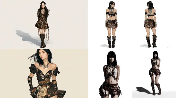 二十多岁亚洲女性，哥特蒸汽朋克风格，黑色头发，皮革拼接迷你裙带棕色图案，链条装饰，蝴蝶形项链，长靴，白色背景，詹姆斯风格插画，高对比度，暗色调，细节精致，金属质感，侧光，冷色调，锐利线条，时尚插画，强烈阴影，复古未来主义