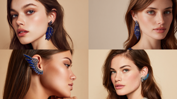 一位佩戴着带有绿松石羽毛的银色耳环的模特，其羽毛尖端有镂空设计并镶嵌着小宝石，正在米色背景前为珠宝品牌营销活动摆姿势。模特留着棕色头发，这符合产品摄影的典型特征。