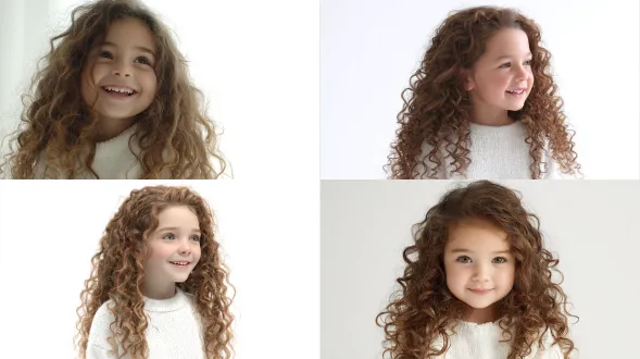 超写实4k照片，描绘一名4至5岁的意大利女孩，她有着超级清晰分明的长卷发，刚做过造型。她身着长袖白色毛衣，自然地展露微笑或大笑神情。背景为明亮白色，光线柔和且均匀。图像需高度写实，具备自然的皮肤纹理、栩栩如生的卷发以及清晰锐利的细节。