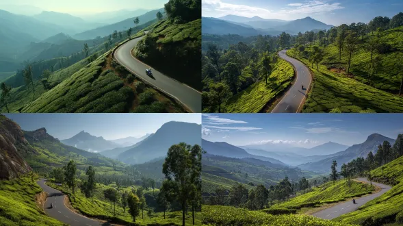 一幅电影质感的风景，一条蜿蜒的道路穿过起伏山丘上郁郁葱葱的茶园。相机处于高且广角的位置，捕捉道路蜿蜒的曲线延伸向远方。明亮的阳光照射茶田，形成丰富绿色纹理与整齐种植排间的柔和阴影。朦胧山峦层叠融入地平线，增添深度与规模。轻柔白云飘浮在明亮蓝天中，带柔和渐变。一辆摩托车或小型车辆行驶在路上，营造旅程与规模感。细节清晰，视角略高，氛围宁静平和，自然日间光线，高分辨率商业摄影风格，色彩逼真，远处有微妙薄雾，前景超锐利，广角构图。关键词：逼真、喀拉拉邦山景、穆纳尔氛围、平滑曲线、风景公路、 vibrant greens（ vibrant 译为充满活力的绿色）、旅行氛围、深度与规模、高动态范围、详细树叶