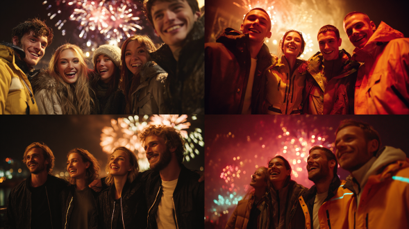 一群年龄在20到30岁的高加索朋友，从腰部以上视角拍摄，夜晚紧紧站在一起，看着天空中色彩斑斓的烟花时微笑大笑，具有电影质感的暖色调灯光，脸部被烟花的光芒照亮，真实自然的表情，欢乐的氛围，休闲的冬季服装，夹克上有柔和的反光，深邃的夜空背景中有鲜艳的烟花，平衡的构图且上方有一些空白空间用于文字，照片级真实，超细节，8k
