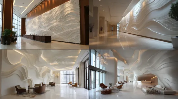 在一家高端酒店的大堂里，有一面白色的墙，墙上挂着起伏的浮雕艺术。设计特点是线条流畅，质地细腻。它在空间中营造出奢华感。有很多东西可看，仿佛透过这些形状能看到无尽的山河。