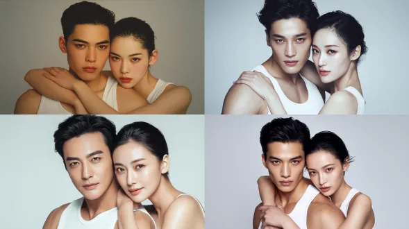 一幅工作室肖像画，展现一位皮肤白皙的亚洲年轻男子与亚洲女子，二人似均三十出头，聚焦于脸部及上半身。男子头发向后梳理造型精致，黑色头发搭配深邃棕色眼眸，面无表情直视观者，皮肤光滑五官轮廓锐利。女子乌黑头发向后 slicked 造型夺目，棕色眼眸锐利，双臂环抱男子肩膀，表情同样平淡。二人皆着白色背心，展露光滑无瑕疵肌肤与健硕身形，背景为纯色浅灰色。光线柔和均匀，凸显皮肤纹理并营造微妙 luminosity。光线柔和弥散，营造迷人光泽，强化主体特征同时维持极简美学。整体氛围现代、时尚且带空灵感，似高时尚或美容广告。构图为特写，着重体现主体间关联。具照片写实风格、柔焦、自然肤色、工作室灯光效果。