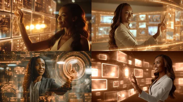 创建一幅图像，多个透明电脑屏幕环绕着一位有着长长的丝滑波浪发的黑人女性。她转身面向图像右侧的一个屏幕，自信地笔直站在多个大型漂浮透明电脑屏幕的中心，这些屏幕环绕着她。要看到所有屏幕完全包围她，屏幕处于她的视线水平。她身着专业女性商务装，面带明亮欢快的微笑，伸手去敲击她右侧的一个全息显示屏，手指优雅地置于她右侧的一个屏幕上。未来感的透明显示器散发着柔和的铜色与白色界面元素，在她周身营造出科幻氛围。场景设定在光线温暖的大房间内，金色 ambient 光照在她肌肤上，凸显漂浮技术的空灵特质。