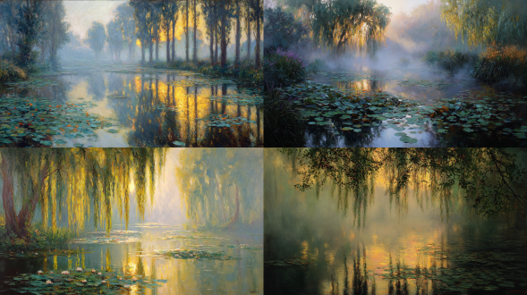 日出时分的睡莲池，笼罩在柔和的晨雾中，阳光透过柳树洒下金色光辉，营造出梦幻空灵的氛围，莫奈风格，杰作，印象派笔触