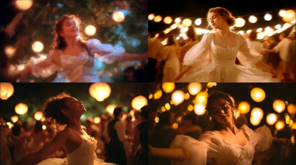 一位在露天舞会上跳舞的年轻女子，被灯笼逆光照射，她的脸庞和白色连衣裙被柔和地照亮，捕捉到欢乐与动感的瞬间，雷诺阿风格，柔焦