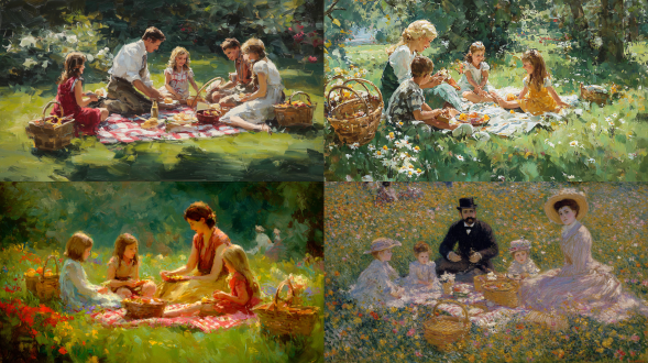 一个在开花草甸上的家庭野餐，格子毯，柳条篮，处处斑驳的阳光，温暖幸福的感觉，印象派风格。