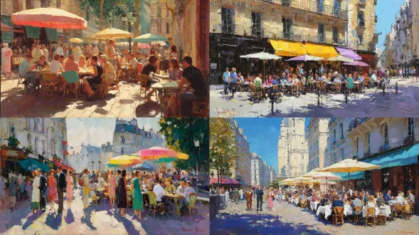 一个下午繁忙的巴黎户外咖啡馆，太阳伞投下彩色的阴影，人们交谈着，用快速、活泼的笔触捕捉，法国印象派。