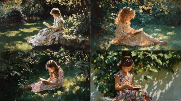 一个穿着花朵连衣裙的女孩在阳光斑驳的花园中读书，阳光透过树叶过滤，在她的头发和连衣裙上跳跃，甜美而宁静，雷诺阿风格。