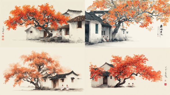 一种清新雅致的美学风格。明亮自然的色调。80%的负空间构图。分散式构图。30%的留白。中国水墨画。绘制精湛。一座老屋旁有一棵大树，树冠硕大，枝叶茂密。纤细娇小的叶片排列得整齐有序。鲜艳的橙色和清新的橙色调展现出每片叶子独特的轮廓和纹理。能看到一口井。两个身着白袍的人坐在庭院里饮酒。背景洁白、干净、整洁。营造出治愈、温暖、怀旧和幸福的感觉。