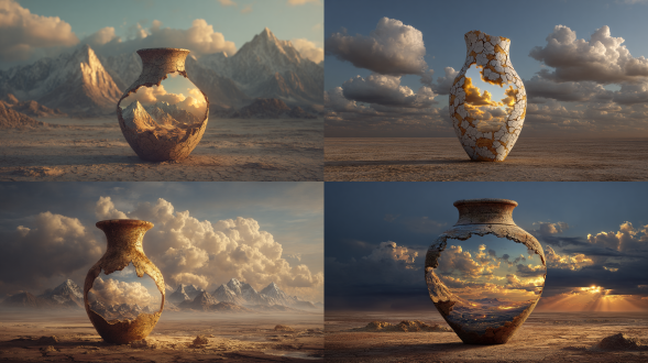 a cracked amphora standing in arid soil, its inner core showing snow-capped peaks floating among golden clouds, light streaming from the horizon, volumetric sunlight, 8k