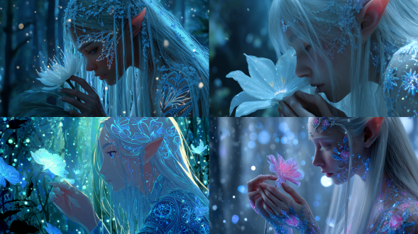 大师级作品，特写镜头，一个美丽的精灵少女，银色长发，身上有复杂的生物荧光纹路，她轻轻触碰一朵发光的花朵。背景是神秘的荧光森林，空气中漂浮着光尘，柔和的背光，电影光效，超详细，新海诚风格，晶莹剔透的光效