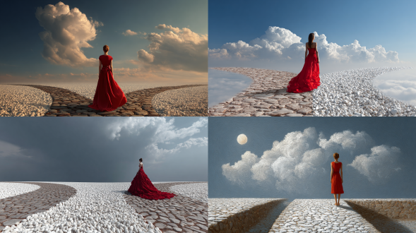 一位穿着红色连衣裙的美丽女子站在她人生的十字路口，望着通往太阳和乌云的两条不同道路。石径两侧散落着白色石子。她坚定地站在两者之间，朝着一个方向前行，象征着通过自己下定决心做出的选择。