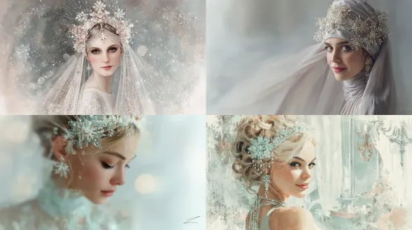 优雅的斯拉夫公主，精致的雪花科科什尼克头饰，轻盈纱裙，柔和粉彩冬季色调（冰蓝、霜白、浅玫瑰、柔金），数字水彩与时尚插画风格，梦幻冬季氛围，柔光雾效，简约现代斯拉夫装饰，纤细线条，非写实，高级插画美感。广角镜头，柔焦，侧逆光，细腻笔触，飘逸动态，优雅微笑，梦幻唯美。