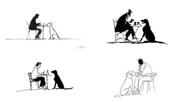 一幅极简主义的钢笔线条剪影画，描绘了一个男人在桌子旁吃三明治，一只拉布拉多把头靠在他腿上讨食的场景。正面视角。黑色简单的钢笔线条，流畅的曲线，抽象、简洁，运用了剪影和负空间手法。