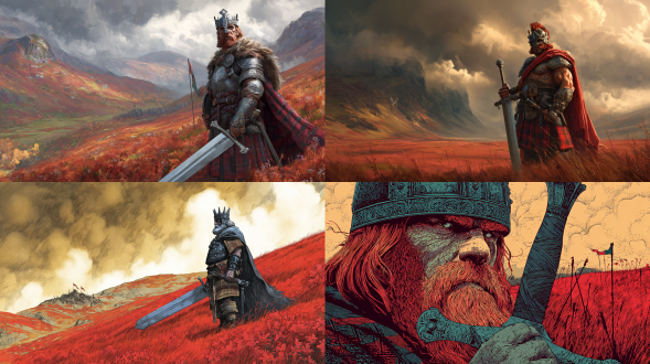 古代崛起的凶猛苏格兰国王，身披盔甲的高个战士立于暴风雨下的红色荒原山丘，头戴铁头盔似王冠，手持巨大克莱莫尔剑，面容严厉冷酷，风中旌旗飘扬，远处红 heather 田野，背景有纹蓝沃德纹身的矮壮凯尔特人，具戏剧性阴影与穿云金色夕阳光线的逼真历史插画，格子呢斗篷与地形细节纹理，电影垂直构图