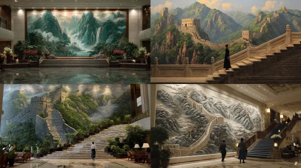 在酒店大堂里，有一幅巨大的中国长城浮雕画。长城的楼梯与真实的楼梯相关，一位穿着正装的亚洲女性正在楼梯上行走。这幅画清晰且细节丰富。这个壮丽的场景呈现出壮观的自然景观。这幅画创造出惊人的视觉效果，吸引人们的注意力。