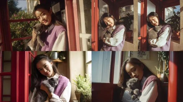 半身照，一位18−22岁的美丽中国女孩，拥有网红脸，高颅顶，半直发（深棕色头发，发质顺滑，半松散不紧绷），身着浆果紫柔软针织背心+白色衬衫内搭+浅灰色直筒裤+黑色皮鞋，置身于复古电话亭角落场景（红色电话亭、浅米色墙壁、盆栽、清晨阳光），怀抱一只灰色短毛小猫（小猫蜷缩在怀中），呈现自然晨光、柔和逆光，具有35mm胶片效果，自然清新且带柔和渐变光与锐化增强滤镜，超高清，女孩倚靠电话亭，轻拍小猫背部并轻微笑。