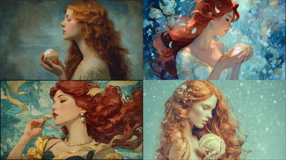 波提切利风格绘画，美丽红发美人鱼手持珍珠，优雅梦幻，海洋背景，文艺复兴风格，细腻笔触，柔和光线，珍珠光泽，飘逸长发，古典优雅，宁静表情，浅蓝色调，水下光影，神话意境，浪漫唯美，精致细节，象征性元素，柔和过渡，温暖氛围