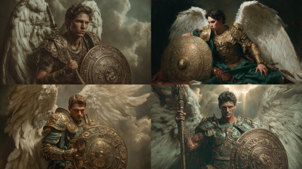 超写实的大天使圣米迦勒肖像，极为英俊，面部轮廓分明，肌肉强健有力，身着华丽的金色罗马军团盔甲，带有复杂的雕刻和久经战场的绿锈，巨大的闭合白色羽毛翅膀折叠在身后，一手持有饰有神圣符号的华丽金色盾牌，另一手持着闪亮的银色长矛，以英雄式的反重力姿势面向观者，目光强烈、充满同情、带有保护欲，上方戏剧性的光线透过翻滚的世界末日风暴云投射出神的光芒，大气中 swirling 着灰烬和余烬，柔和的金色光线环绕着背景中跪在倒塌的哥特式教堂废墟前的心碎身影，有体积雾且光线穿透，情感化的夜间色调带有温暖的神圣高光，电影构图，超精细的皮肤纹理，8k分辨率，史诗般的圣经战士美学，超写实奇幻摄影