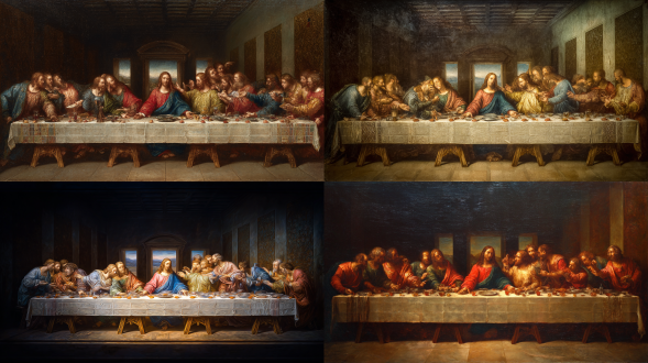 “《最后的晚餐》画作，文艺复兴风格，所有人物像原作一样坐在长桌旁。只有极细微的动作：轻微的手势、温和的眨眼、非常小的动作如啜饮饮料或转移重心。没有大的动作。背景和桌子保持完全静止。动图风格，超精细，戏剧性打光，高分辨率，杰作品质。”