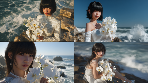 一位有着刘海的美丽亚洲女孩，身着时尚白色连衣裙与银色高跟鞋，优雅立于海边岩石上，手持多朵白色兰花。她的脸微转向镜头，海浪拍打着岩石。整体效果逼真自然，毛孔极细，光线自然，连细微绒毛都清晰可见，属超写实风格，采用arri alexa 65拍摄，8k、超高细节、电影景深，具照片级真实纹理