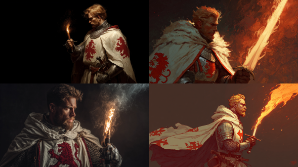 年轻骑士身穿链甲背心，白色纹章披风带有红色狮子标志，短铁锈棕发和络腮胡，手持火焰剑，半身肖像，幻想艺术风格，威严表情，强光照射，动态光影，火焰特效，暗色调背景，金属质感，精致细节，锐利焦点，高对比度，英雄气质