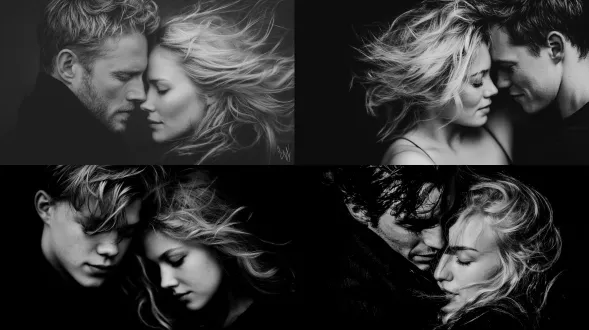 黑白情侣肖像，深情相拥，发丝随风飘动，极简黑色背景，浅景深突出面部细节，柔和侧光，颗粒质感，复古胶片风格，35mm f1.2大光圈，高对比度，情感浓烈，优雅经典