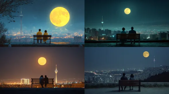 一个浪漫的电影场景，两对恋人坐在德黑兰屋顶边缘的长椅上，俯瞰城市。景色包含位于城市中心的米拉德塔。一轮圆满的黄色月亮在夜空中明亮照耀，为场景投射柔和月光。这对情侣坐于长椅上，从背后视角，带着对雨的期待。夜晚宁静，氛围平和，深度聚焦长椅。城市被柔和照亮，呈现平和、宁静 vibe。画面设定为instagram故事格式。