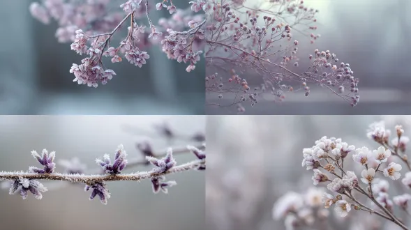 branches dissolving into dim morning haze, coated in delicate pale lavender frost, silver-white crystals glistening softly without brightness, faint lilac glow accentuating their fragility, background fading into muted grey mist, early winter light subdued and poetic. sony a7r iv • 100mm macro • pastel diffusion