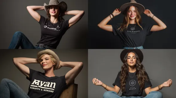 迷人女性模特，黑色t恤印有“瑞安 瑞菲尼 莫兰品牌”字样，牛仔裤坐姿，双臂高举展示牧场标志帽子，专业棚拍，环形主光加轮廓光，背景光晕，中焦镜头，商业摄影风格，高分辨率，柔和阴影，自信微笑，中性色调，品牌展示，动态姿势，清晰纹理