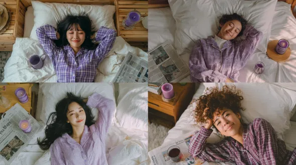 俯拍全身的无人机镜头下，一位女性模特放松躺卧，身着tekla风格紫色格子睡衣，躺在具无印良品风格、铺有白色床品的床上。其床边有只小型松木床头柜，上面放着玻璃马克杯与紫色小蜡烛，身旁有份报纸，氛围宁静，她神情满足，双眼微睁，面带温和微笑，呈现35mm胶片美学，具高细节效果