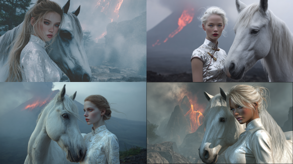 一张逼真照片，展现一位金发欧洲女子，有着苍白肌肤与蓝色眼眸，站在一匹白马身旁。她身着白色缎面旗袍，优雅得体，面料光泽亮丽。背景是喷发的火山，熔岩流淌，天空阴沉且充满戏剧性，有灰烬云。周围环境受日本自然启发：雾气弥漫的山脉、火山岩、细微雾气、野性景观。光线柔和自然，头发被风吹动，纹理超逼真，构图具电影感，用85mm镜头，浅景深，分辨率高